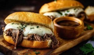 Finished Crock Pot French Dip Sandwich with Melted Cheese