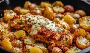 Finished Garlic Parmesan Chicken and Potatoes on Sheet Pan.