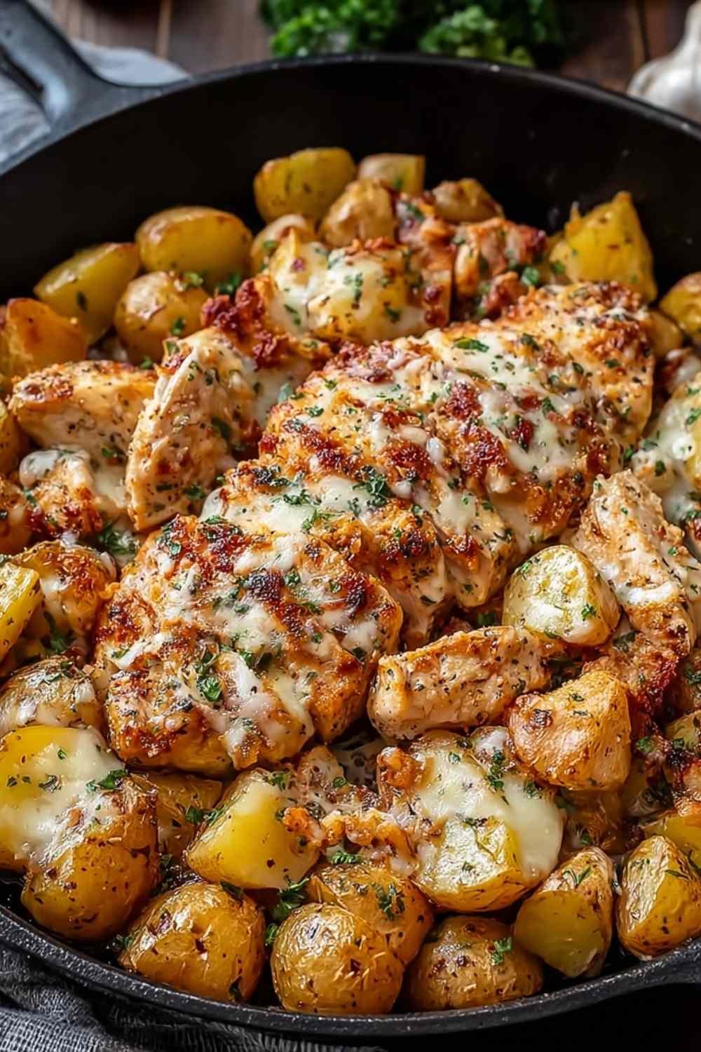 Finished Garlic Parmesan Chicken and Potatoes on Sheet Pan.