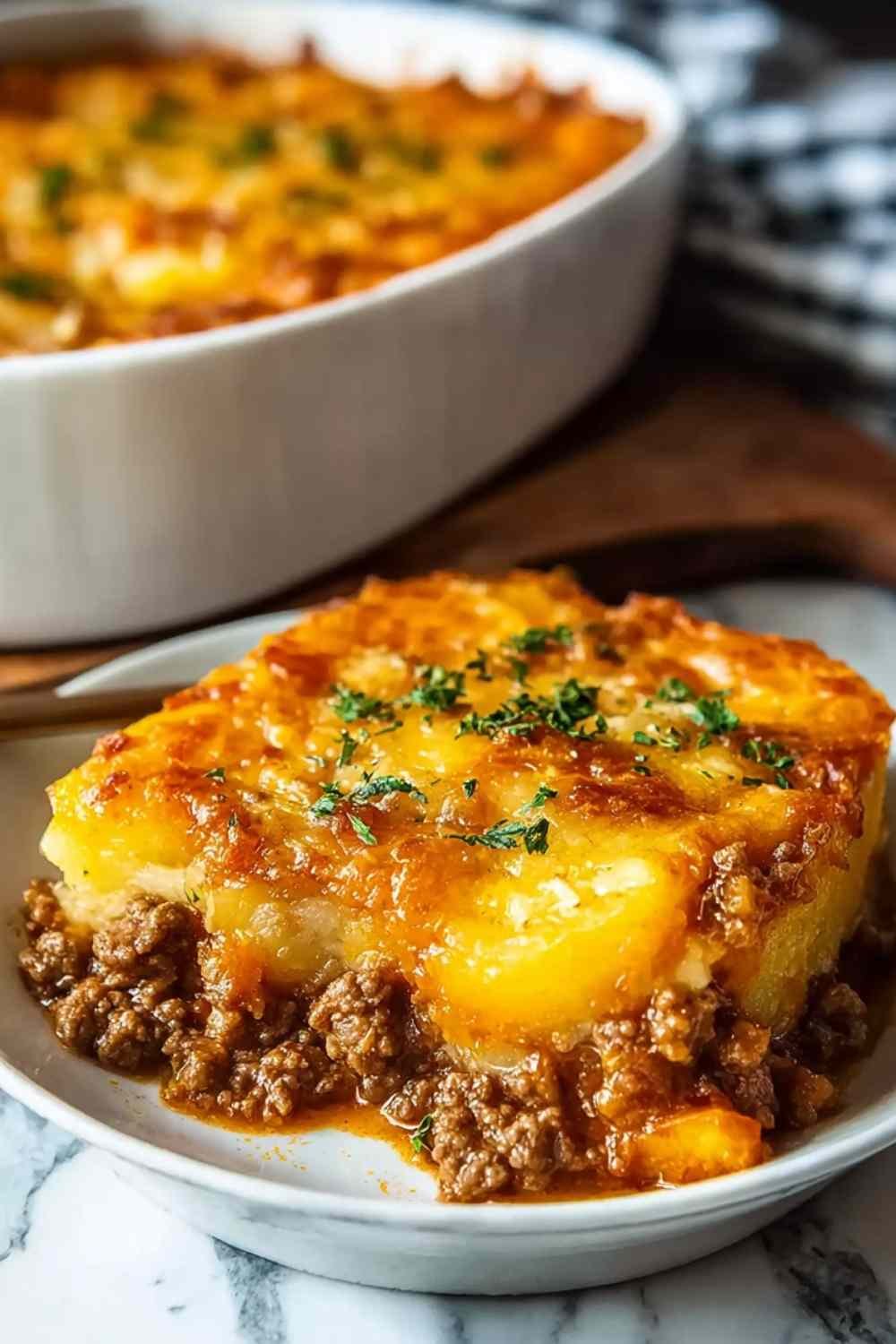 Homemade Hobo Casserole with ground beef and potatoes topped with melted cheese