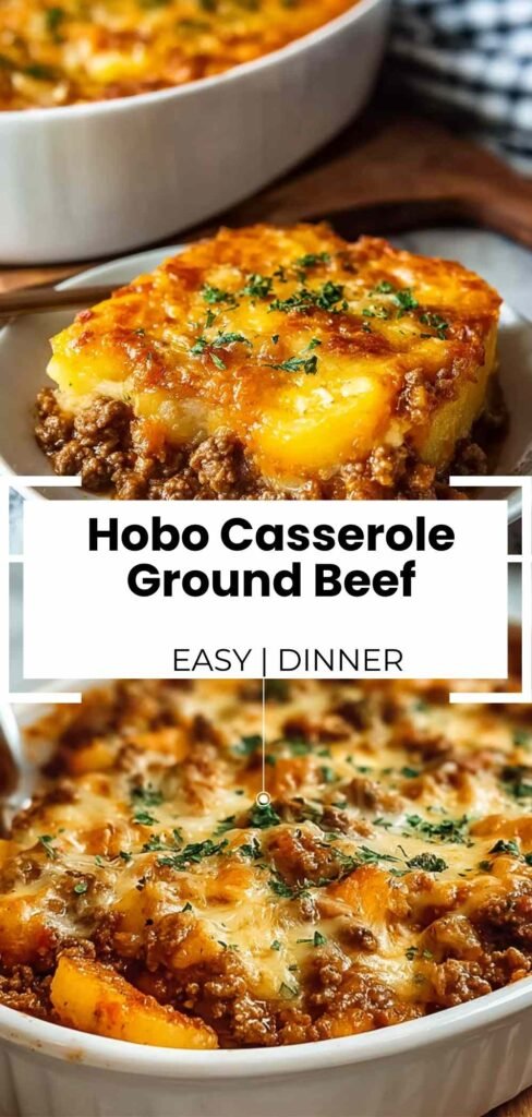 Homemade Hobo Casserole with ground beef and potatoes topped with melted cheese