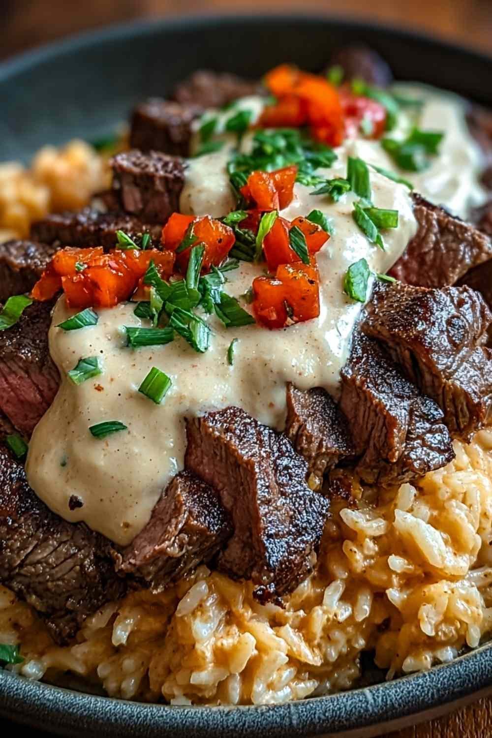 Finished Steak and Queso Rice in Skillet.