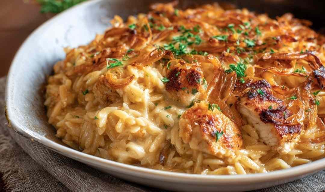 French Onion Chicken Orzo Casserole (One-Pan Dinner Recipe)
