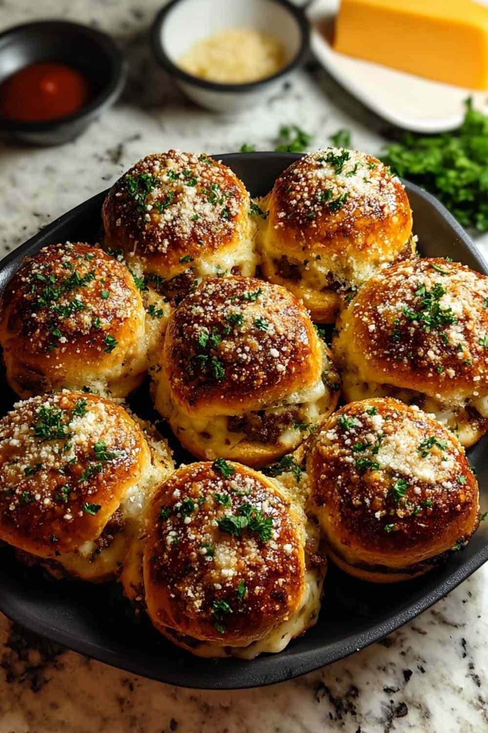 Freshly Baked Garlic Parmesan Cheeseburger Bombs on Baking Sheet.