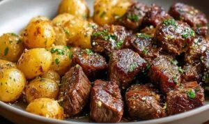 Garlic Butter Steak Bites and Potatoes Garlic Butter Steak Bites and Potatoes in Skillet.
