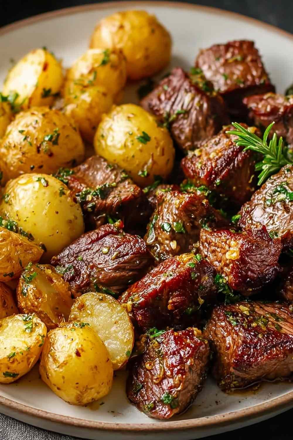 Garlic Butter Steak Bites and Potatoes in Skillet.