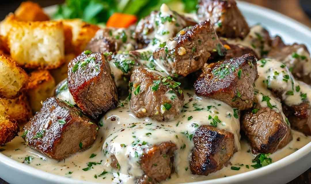 Garlic Butter Steak Bites with Parmesan Cream Sauce