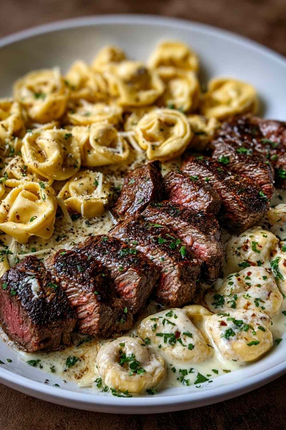 Garlic Butter Steak with Cheesy Alfredo Tortellini