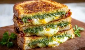 Sourdough pesto grilled cheese cut in half showing melted mozzarella cheese and pesto filling