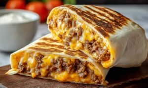 Grilled Cheese Burrito (Taco Bell Copycat) Homemade grilled cheese burrito with golden crispy cheese crust cut in half showing seasoned beef and rice filling