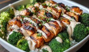 Grilled Chicken Broccoli Bowls with Creamy Garlic Sauce