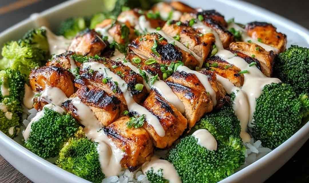 Grilled Chicken Broccoli Bowls with Creamy Garlic Sauce