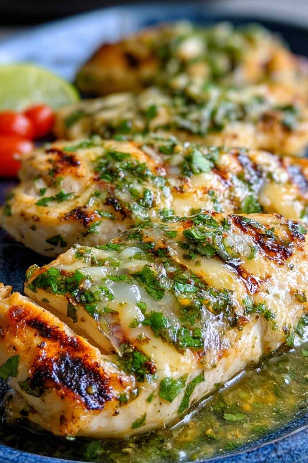 Grilled salsa verde pepper jack chicken on hot grill with melted cheese