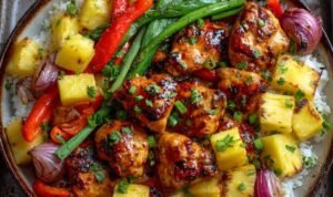 Hawaiian chicken sheet pan with caramelized pineapple and colorful bell peppers on white serving platter