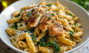 Healthy garlic parmesan chicken pasta with whole wheat noodles and fresh parsley garnish in white bowl