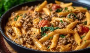 High protein creamy beef pasta in large skillet with fresh basil garnish