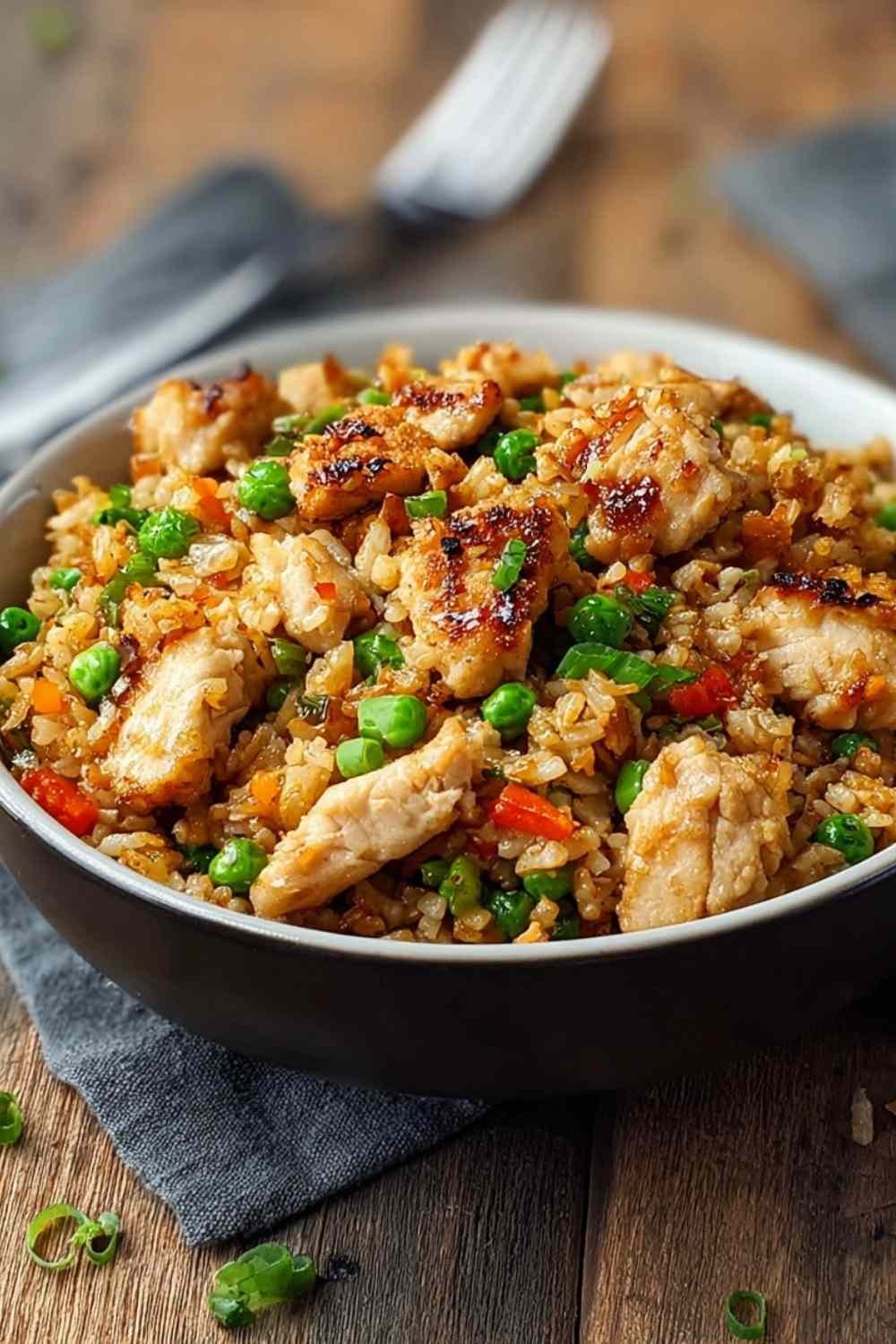 High protein crispy garlic chicken fried rice served in a white bowl with chopsticks and green onions