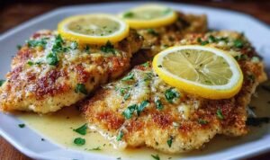 Crispy Lemon Chicken Romano on white plate with fresh herbs and lemon wedges showing golden cheese crust