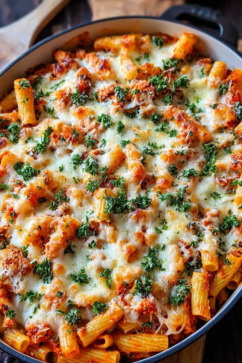 Loaded veggie baked ziti with golden melted cheese fresh from oven in baking dish