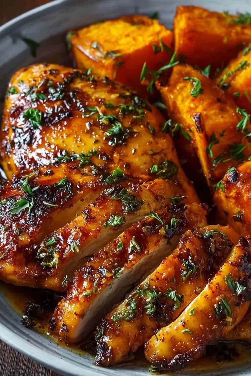 Maple glazed chicken with sweet potatoes on white serving platter garnished with fresh herbs