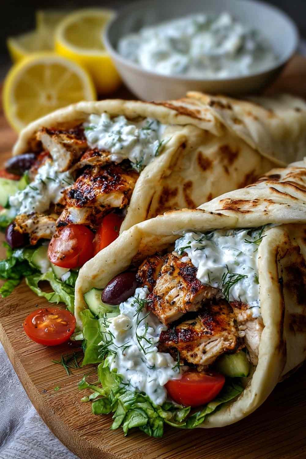 Mediterranean Chicken Gyros with sliced marinated chicken, fresh vegetables, and creamy feta tzatziki in warm pita bread