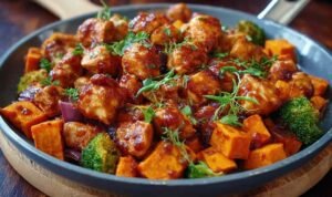 One-Pan Honey BBQ Chicken & Sweet Potatoes One-Pan Honey BBQ Chicken Sweet Potatoes with glazed chicken breasts and caramelized sweet potato cubes on sheet pan