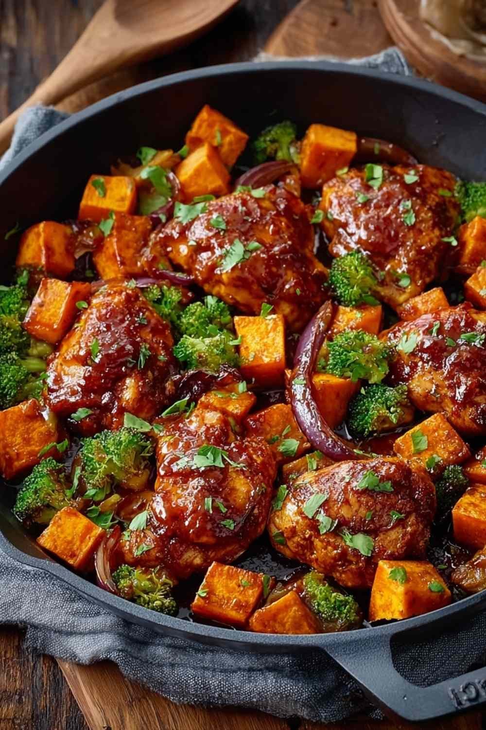 One-Pan Honey BBQ Chicken Sweet Potatoes with glazed chicken breasts and caramelized sweet potato cubes on sheet pan