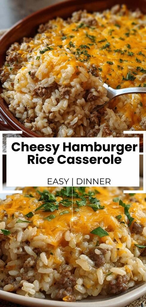 Homemade Cheesy Hamburger Rice Casserole in baking dish