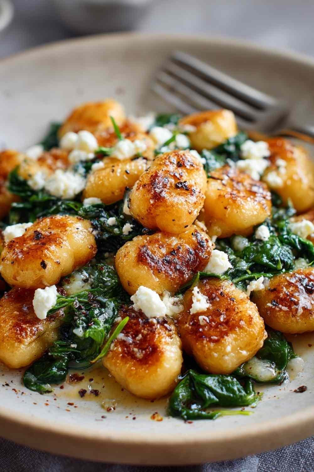 Plated Crispy Gnocchi With Spinach And Feta
