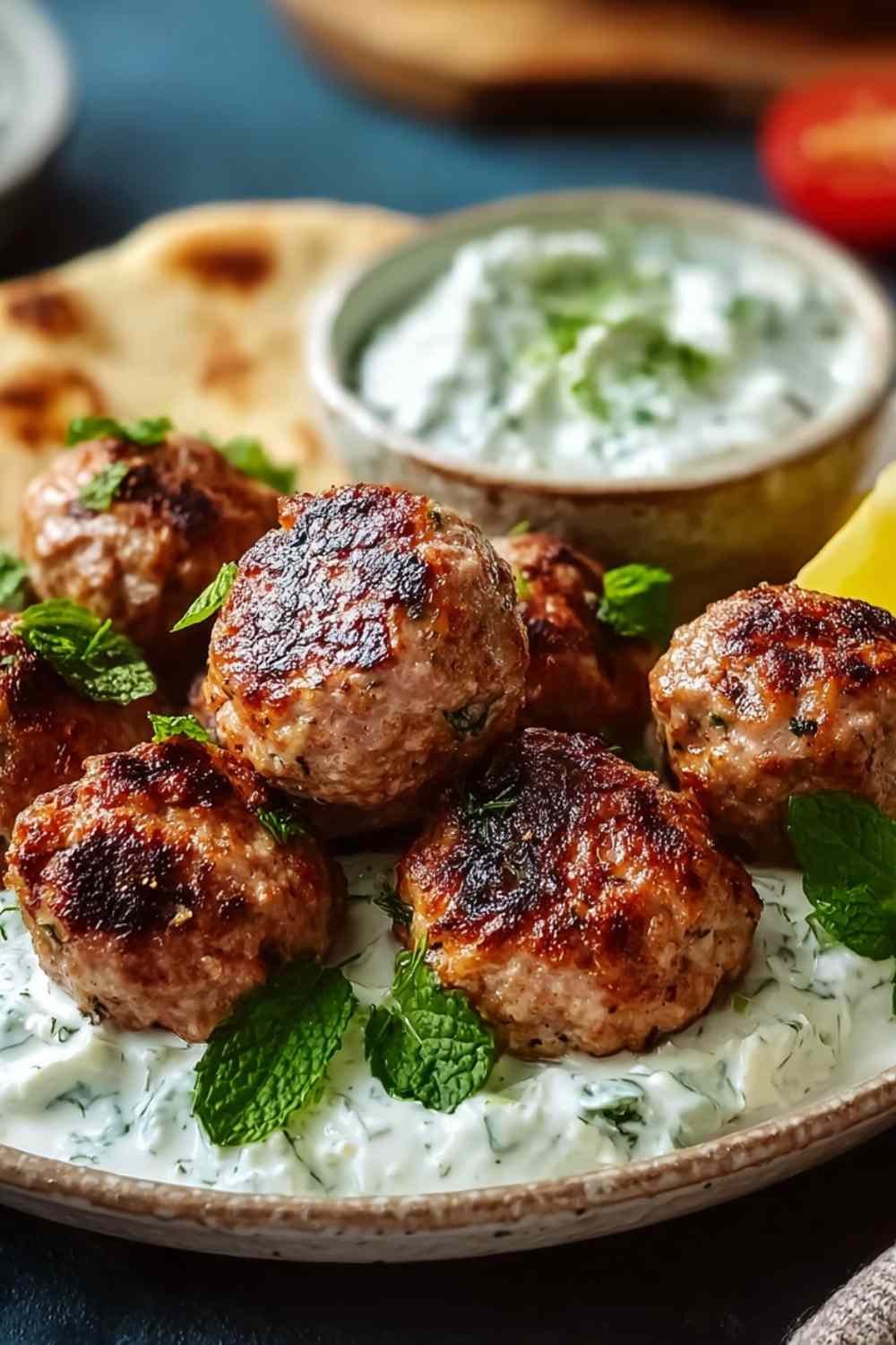 Plated Greek Turkey Meatballs with Tzatziki