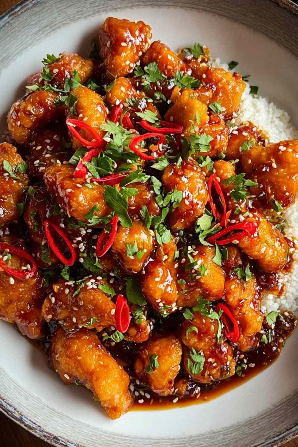 Plated Sweet Chili Chicken Over Rice.