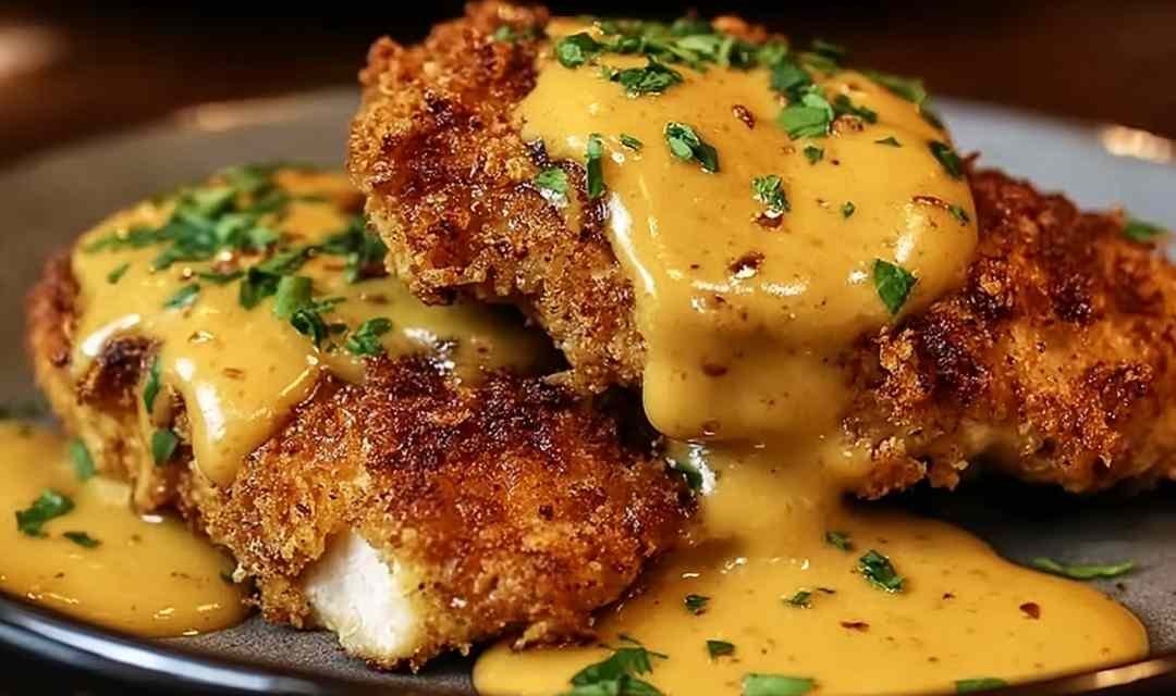 Pretzel Chicken with Mustard-Cheddar Sauce
