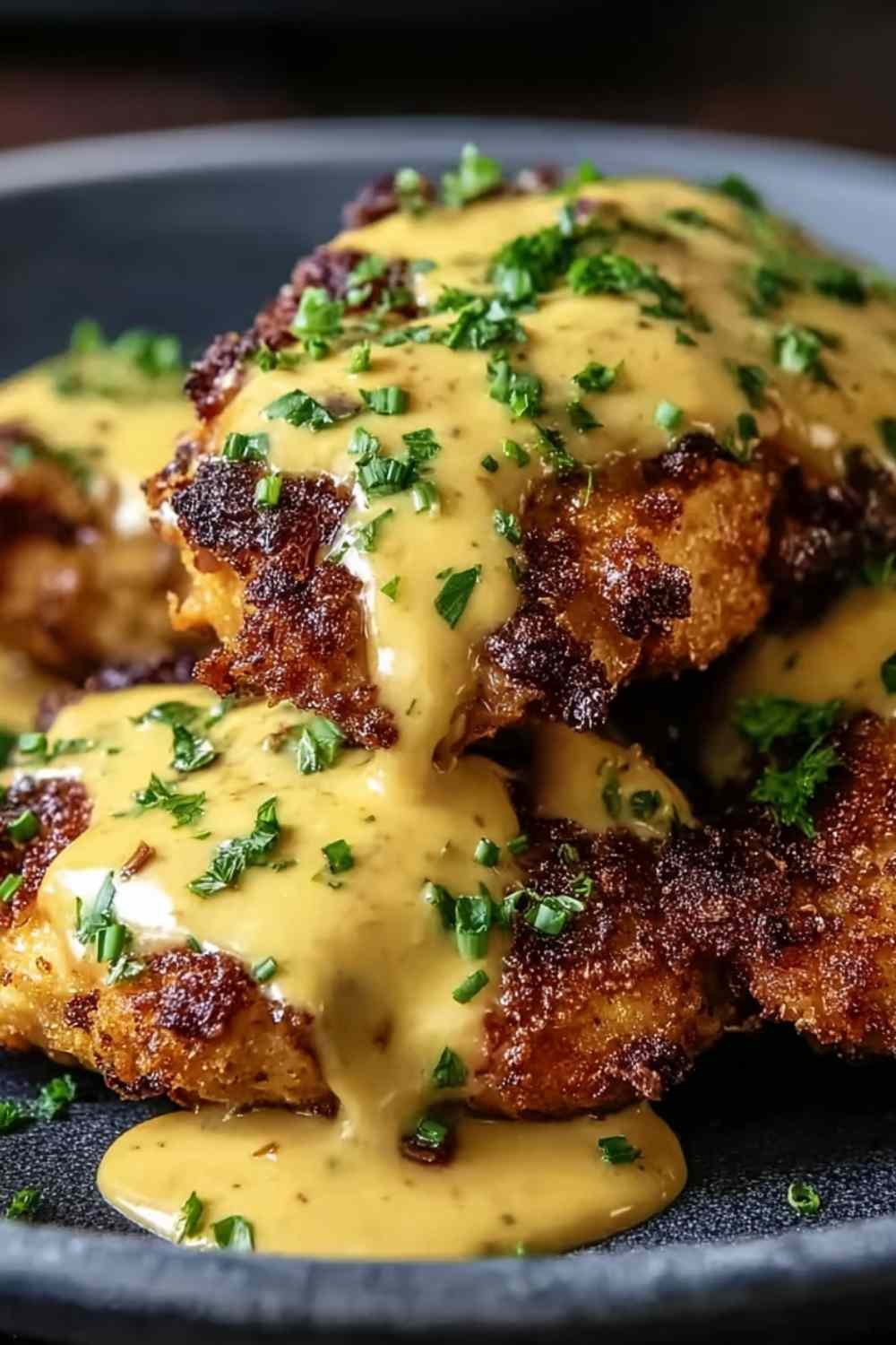 Pretzel chicken with mustard cheddar sauce on white plate with roasted vegetables