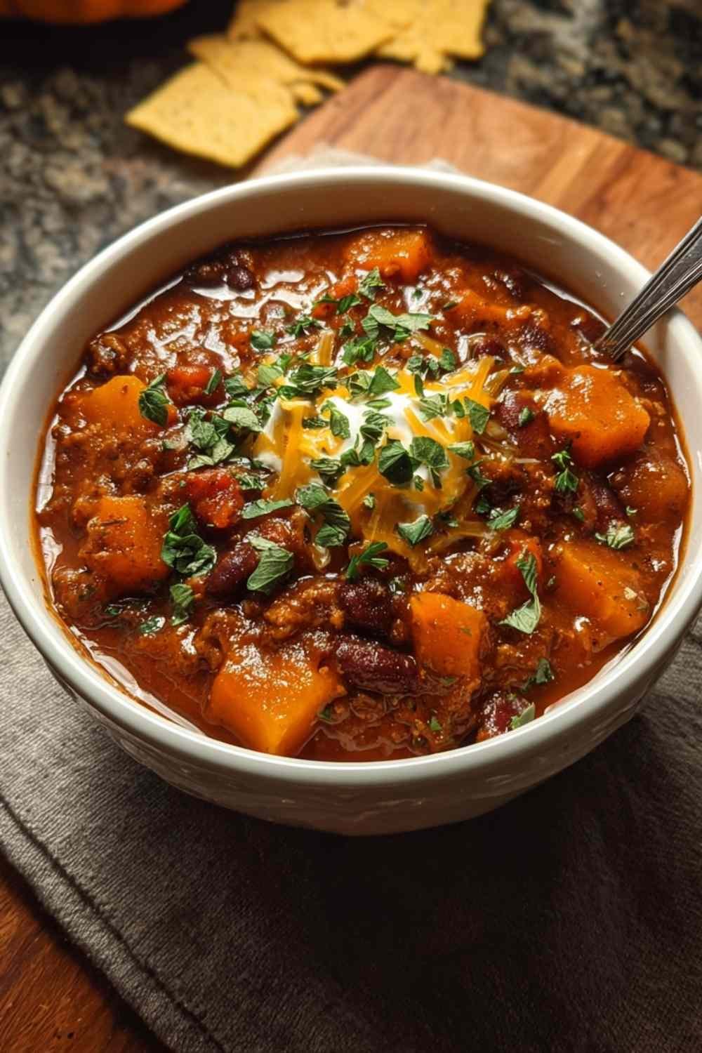 Hearty pumpkin chili recipe served in white bowl with sour cream and cheese garnish