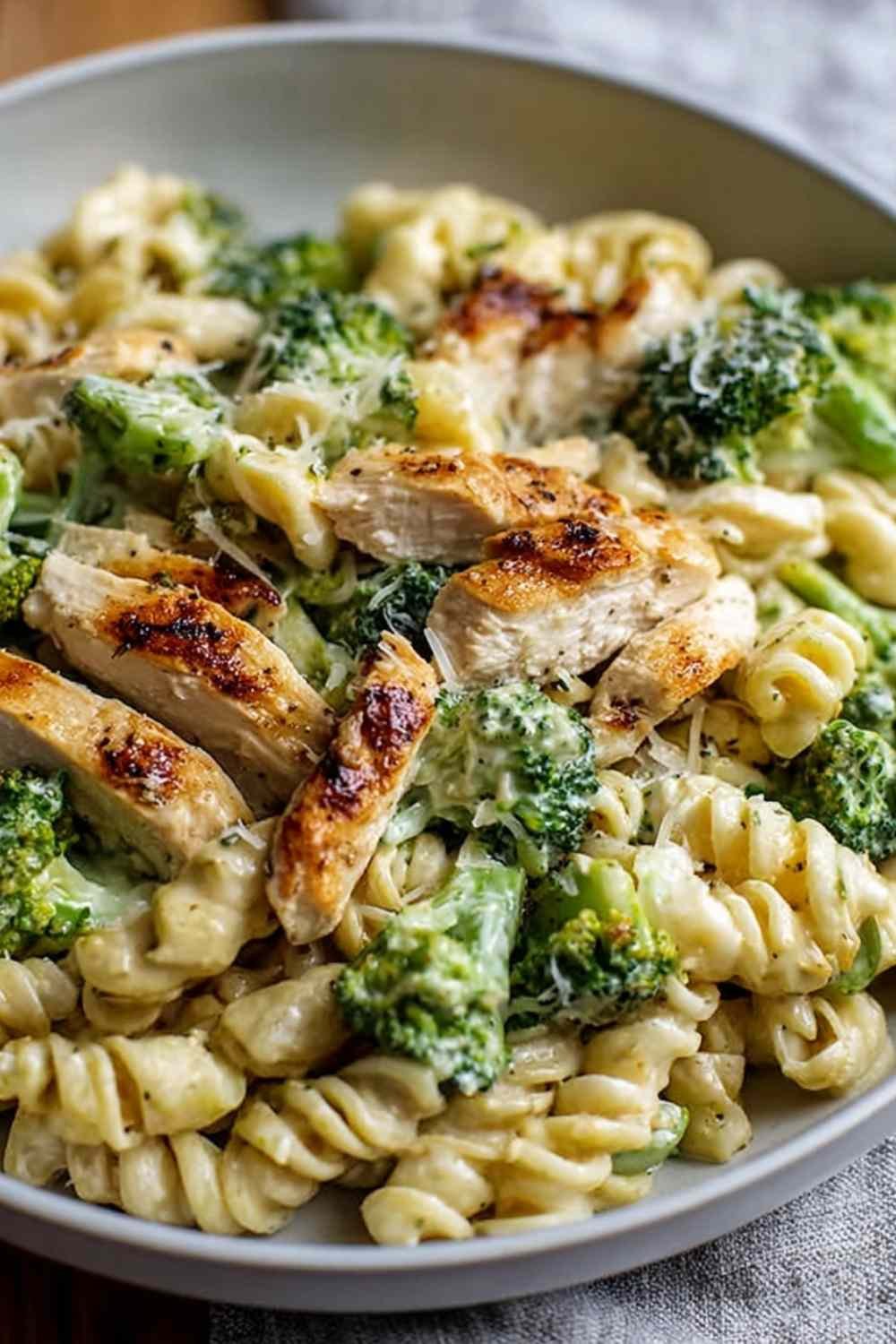 Creamy rotisserie chicken broccoli pasta in white serving bowl with melted cheese and fresh broccoli