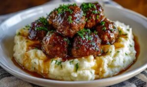 Salisbury Steak Meatballs with Garlic Mashed Potatoes - Easy Family Dinner Recipe.