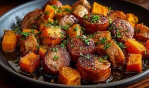 Sausage and Sweet Potatoes with Honey Garlic Sauce - 30 Minute Dinner Recipe.