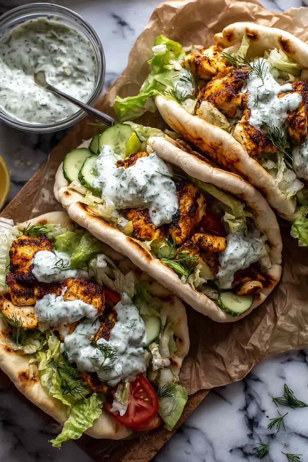 Sheet Pan Chicken Pitas with Herby Ranch filled with roasted chicken, creamy slaw, and avocado