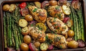 Sheet Pan Garlic Butter Chicken and Veggies Sheet pan garlic butter chicken and veggies with golden roasted potatoes, broccoli, and asparagus on white serving platter
