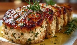 Sliced Garlic Parmesan Chicken Meatloaf on Serving Platter