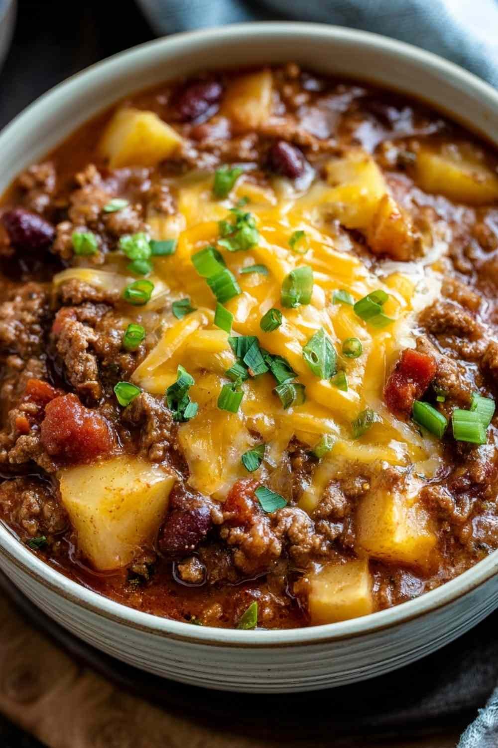 Slow cooker cowboy casserole with melted cheese and colorful vegetables in white bowl