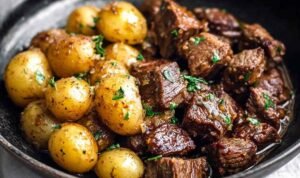 Slow cooker garlic butter beef bites with potatoes served in white bowl garnished with fresh parsley