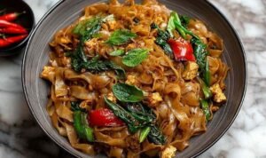 Thai Drunken Noodles with vegetables and chicken being tossed in wok ready to serve