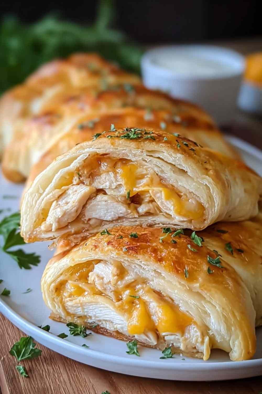 Golden brown cheesy chicken crescent rolls arranged on white serving platter ready to serve