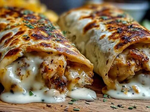 Cheesy garlic chicken wraps sliced in half on white plate showing creamy chicken filling with melted cheese and fresh vegetables