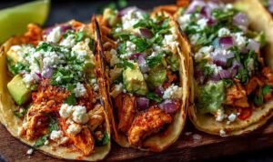 Chicken street tacos topped with cilantro, onions, and lime on white plate