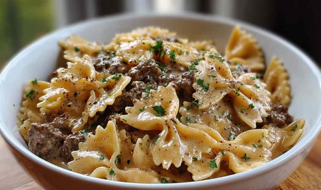 Creamy Parmesan Garlic Beef Bowtie Pasta