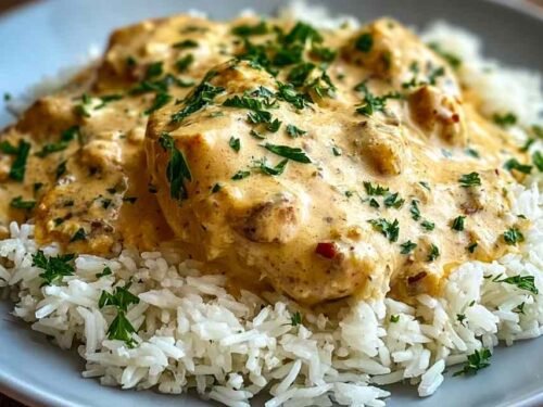 Creamy smothered chicken and rice on white plate with fresh parsley garnish and melted cheese sauce