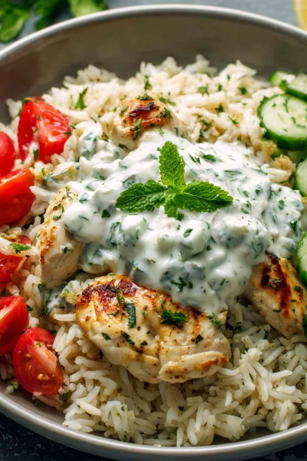 Dump-and-bake chicken tzatziki with rice in a baking dish topped with feta cheese and fresh parsley
