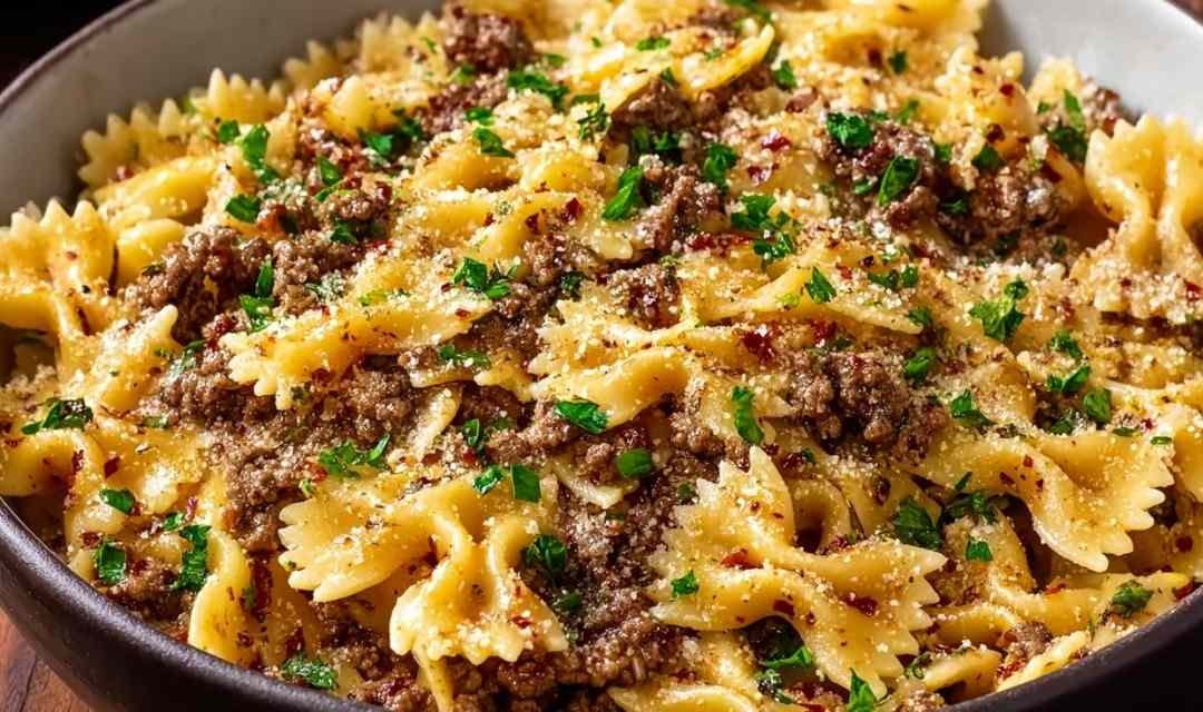 Garlic Butter Bowtie Pasta with Ground Beef